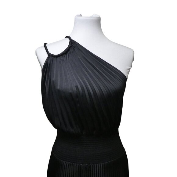 A.L.C Ruby Black Satin One Shoulder Asymmetrical Pleated Dress Womens 10 - Picture 7 of 10